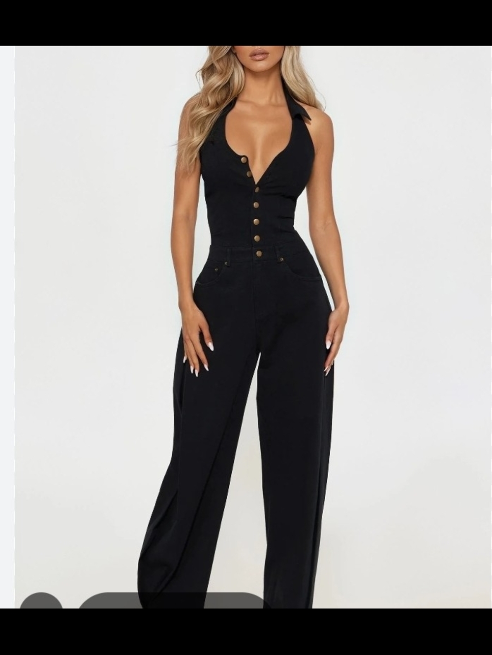 Halter Button-Front Black Jumpsuit